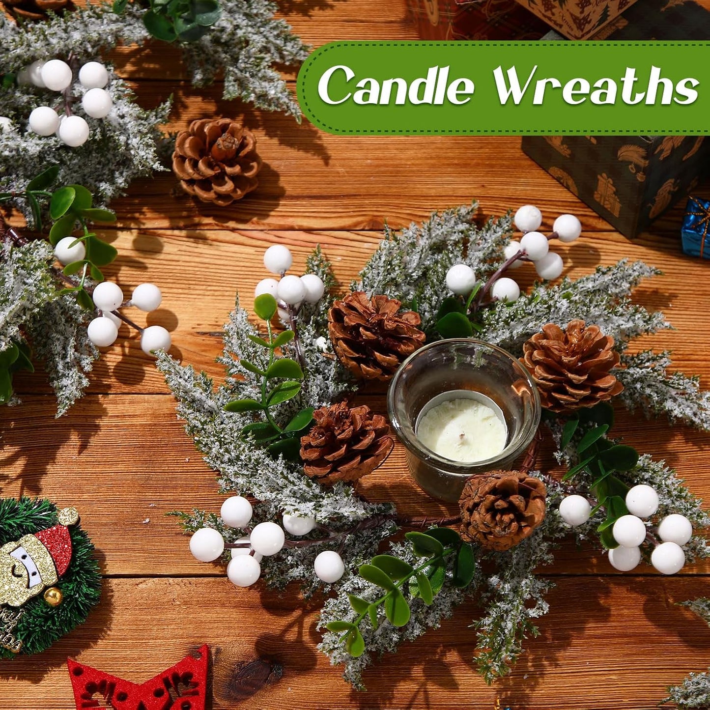 Vercraft 8" Christmas Candle Rings - Snowy Pine Garland with White Berries & Pine Cones | 6 Pcs Set for Festive Home Decor