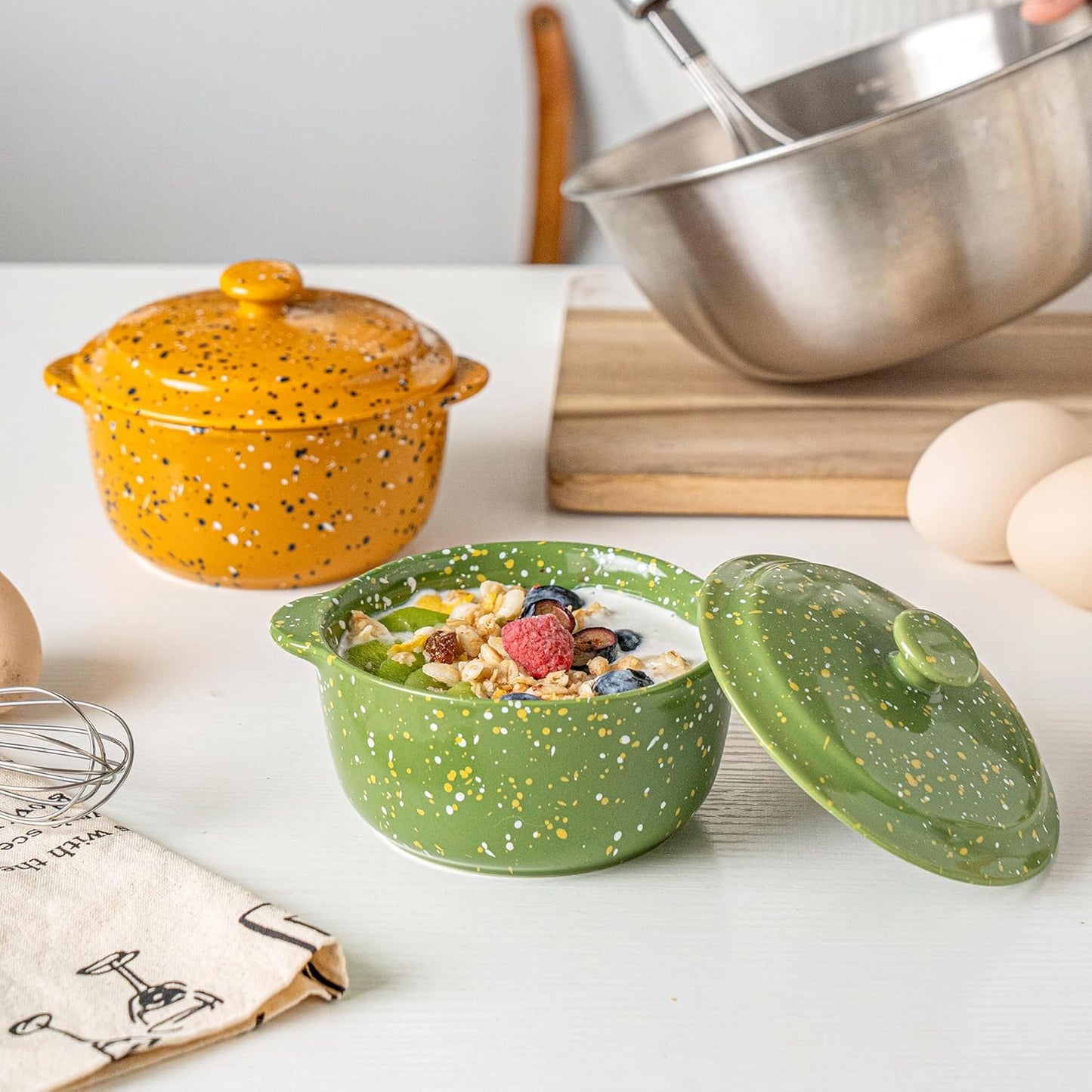 Skiennix Mini Ceramic Casserole Dishes - Oven-Safe 10 Oz Ramekins with Lids & Handles | Perfect for Soufflé, Soup, Cobbler, Green 4-Pack