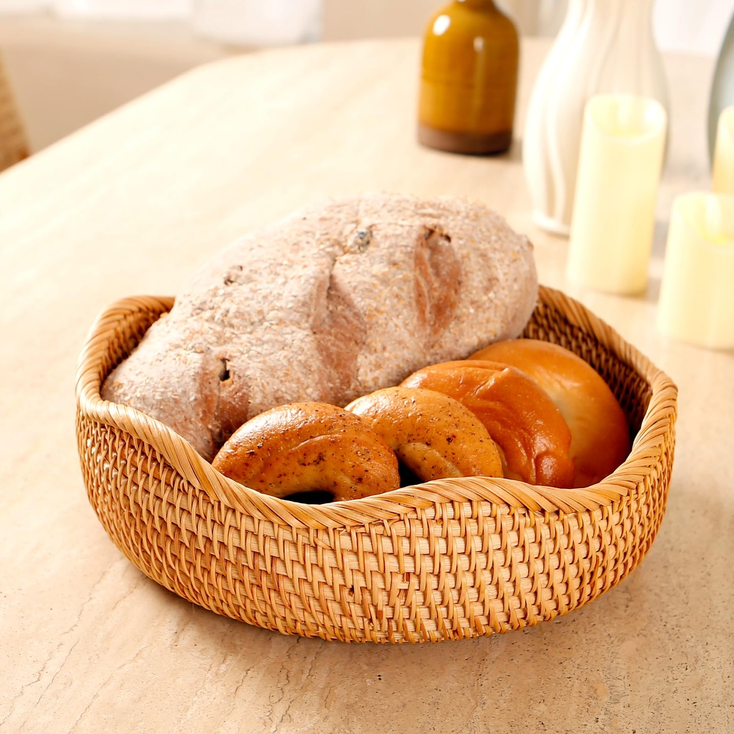 Rattan Woven Fruit Basket, Natural Round Bread Basket, Decorative Fruit Bowl for Kitchen Counter, Kitchen Storage Baskets for Vegetables, Eggs,Snacks