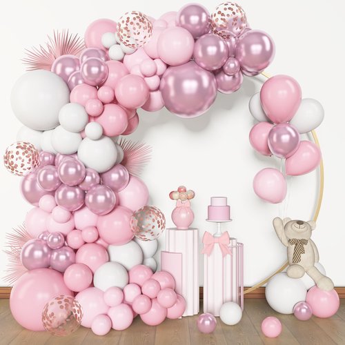 Amandir 153pcs Pink Balloon Garland Arch Kit, Different Sizes 18 12 10 5 inch Hot Pink Latex Metallic Confetti Pink Balloons for Birthday Princess Wedding Baby Shower Party Decorations