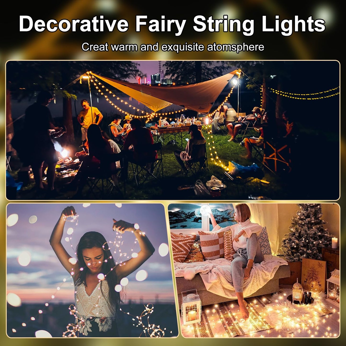 YPHSOL Fairy Lights Battery Operated String Lights 16.4ft 50LED Flashing and Constant Light Waterproof Silver Wire for Christmas DIY Party Wedding Decoration (Warm White, 2 Pack)
