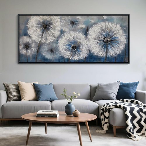 Blue Dandelion Canvas Wall Art - Large Modern White Flower Print for Living Room Decor