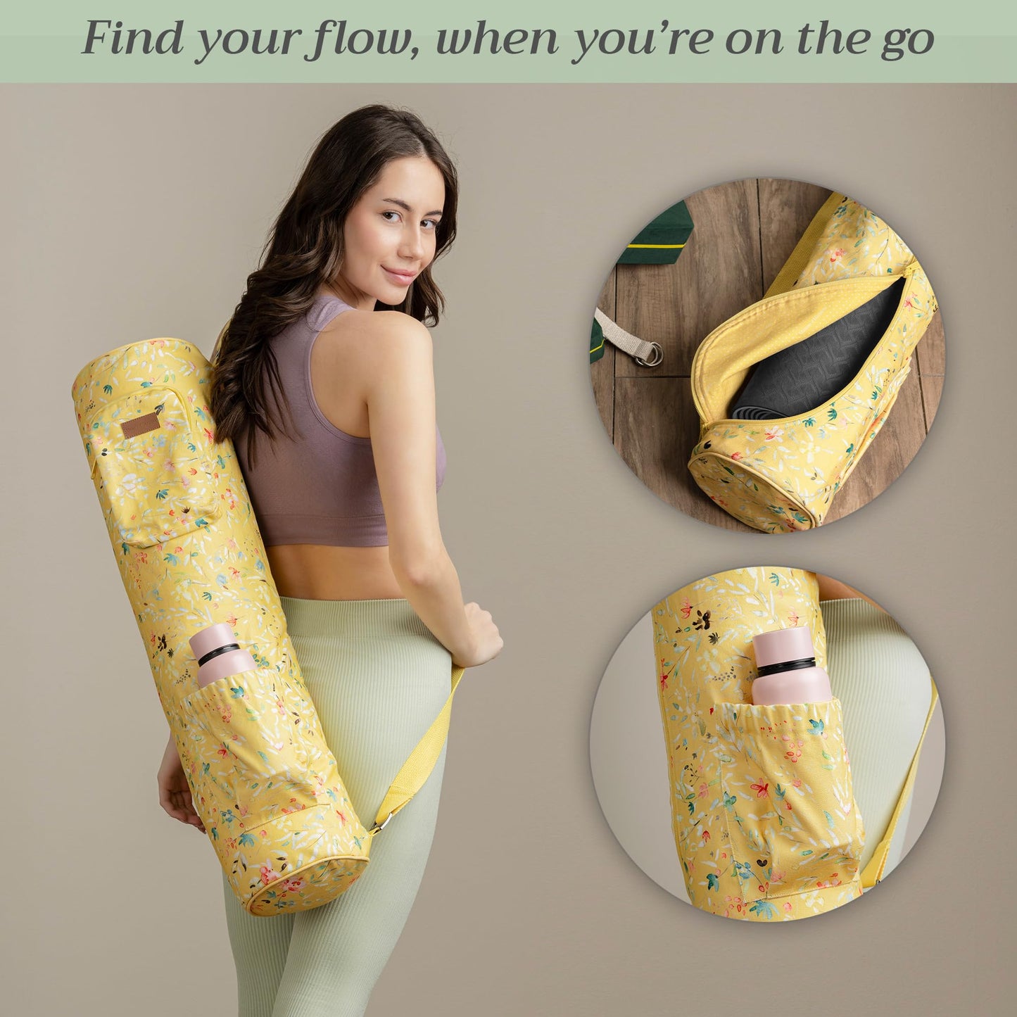 Maison d' Hermine Yoga Mat bag Cylindrical bag for Woman & Men yoga mat Bag & Adjustable shoulder straps Yoga Mat Carrier Bag with Water Bottle Pocket Mothers Day Gifts - Colmar - Yellow