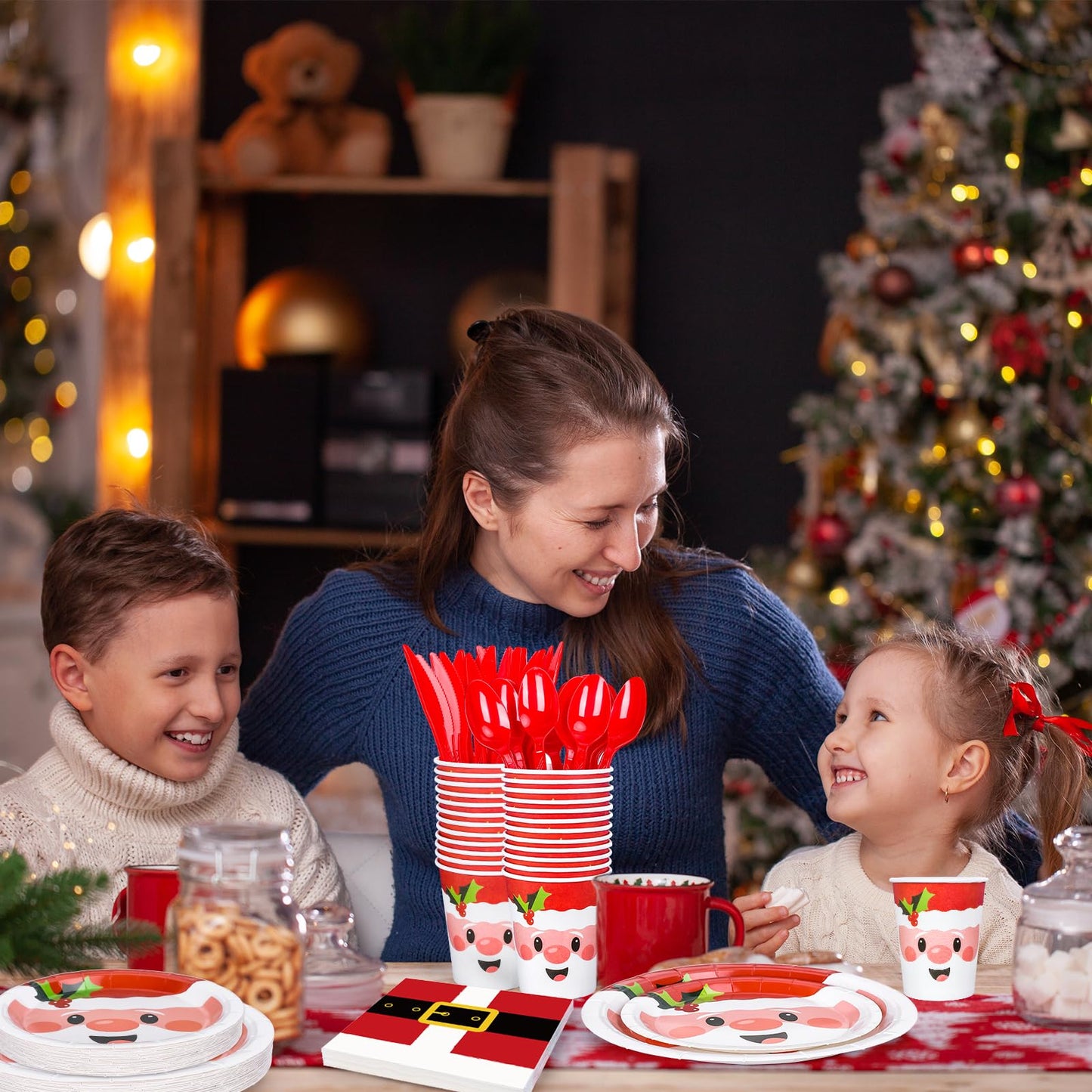 Whaline 175Pcs Christmas Party Tableware Set 7 and 9 Inch Santa Claus Paper Plates 6.5 Inch Santa Belts Napkins Cute Xmas Disposable Cups and Red Fork Spoon Knife Kit for Xmas Holiday Dinner Supplies