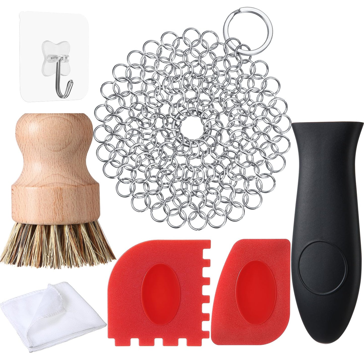 Patelai 7 Pieces Cast Iron Cleaner Set Include Stainless Steel Chainmail Scrubber with Bamboo Dish Scrub Brush Hot Handle Holder 2 Pan Grill Scrapers Kitchen Towel Wall Hook (Classic Color)