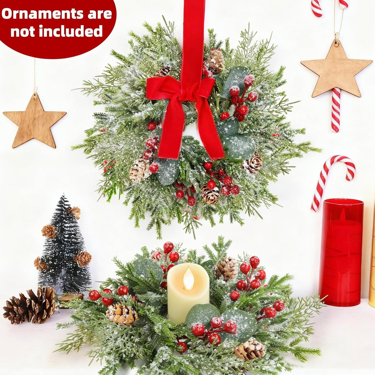 Skiennix Flocked Christmas Candle Rings - Mini Wreaths with Snowy Pinecones & Red Berries | 10"x3.5" Centerpiece Decor