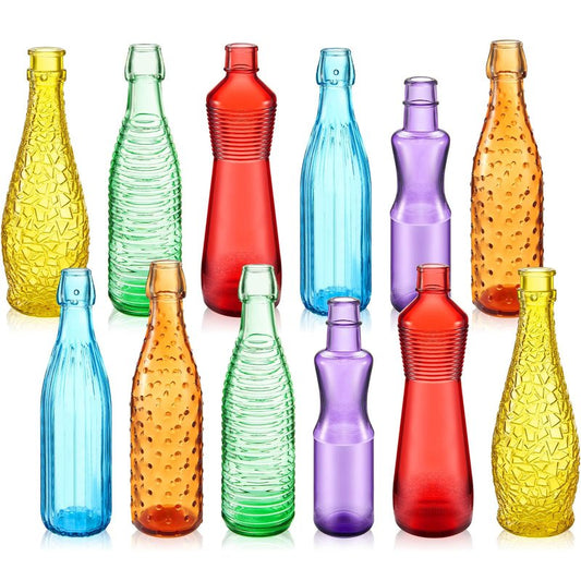Zhehao 12 Pcs Colored Glass Bottles Colorful Empty Wine Bottles Decorative Glass Bottle for Bottle Tree Garden Yard Outdoor Home Decor(Light Rainbow Color,Textured)