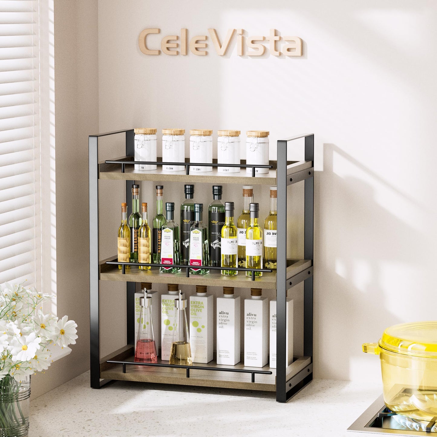 CeleVista Bathroom Counter Organizer, 3 Tier Wood Countertop Shelf for Vanity, Skincare, Makeup, Kitchen Coffee and Sink Storage, with Durable Metal Bracket (Dark Brown)