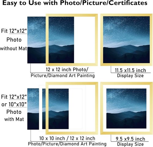 JCJMY 12x12 Picture Frame - Elegant Gold Design with 10x10 Mat for Diamond Art & Photos