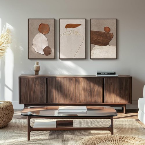 Framed Neutral Abstract Wall Art - 3 Piece Earth Tones Canvas Prints for Living Room | 16x24 Inch