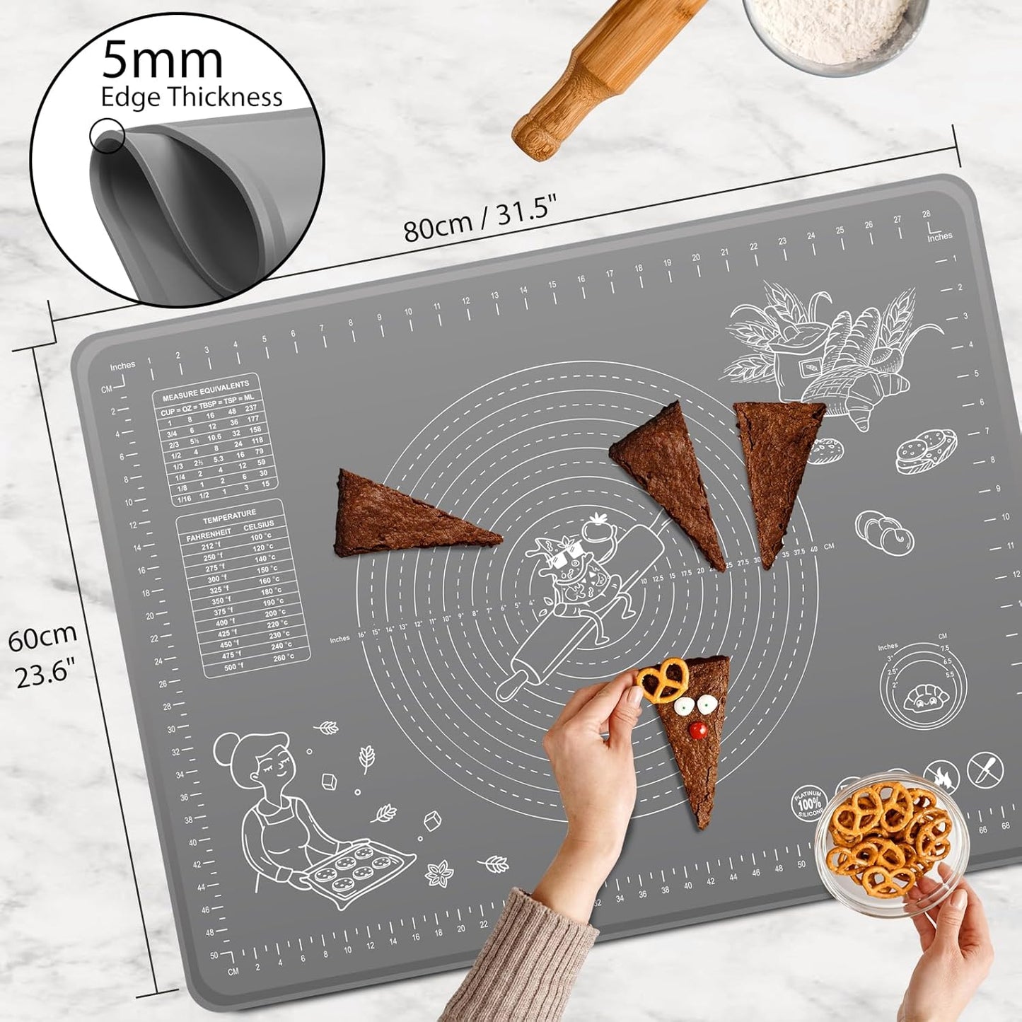 Skiennix Silicone Baking Mat - Extra Thick Non-Stick Pastry Mat with Measurements | 32x24 Inch for Easy Dough Rolling
