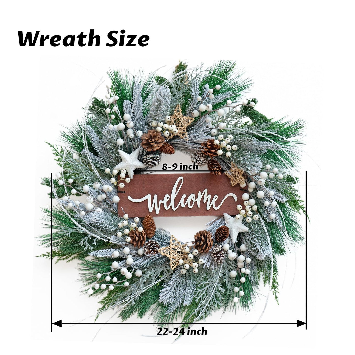 Pinkpuii Winter Wreath for Front Door - 24 Inch Outdoor Christmas Snow Covered Artificial Flocked Spruce Wreath with Pinecones, White Berries, Green Evergreen Xmas Holiday Welcome Decor