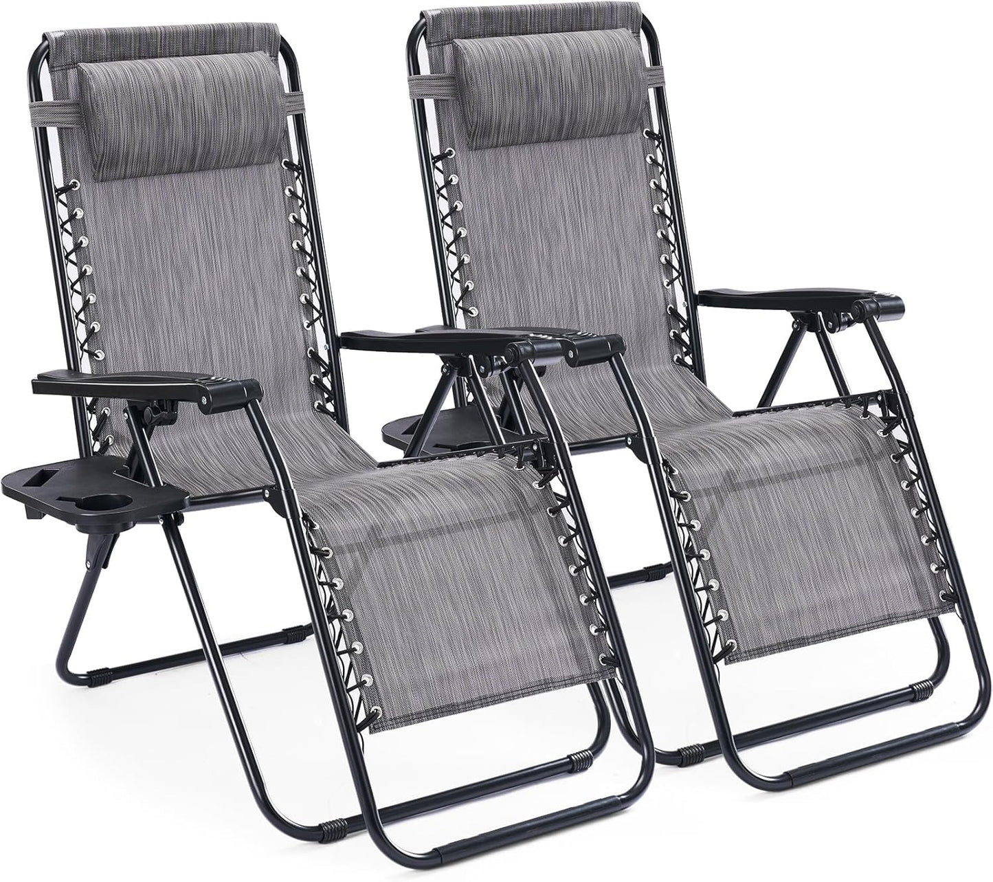 Sweetcrispy Zero Gravity Chairs - Set of 2 Portable Recliners with Cup Holders & Adjustable Pillows | Grey