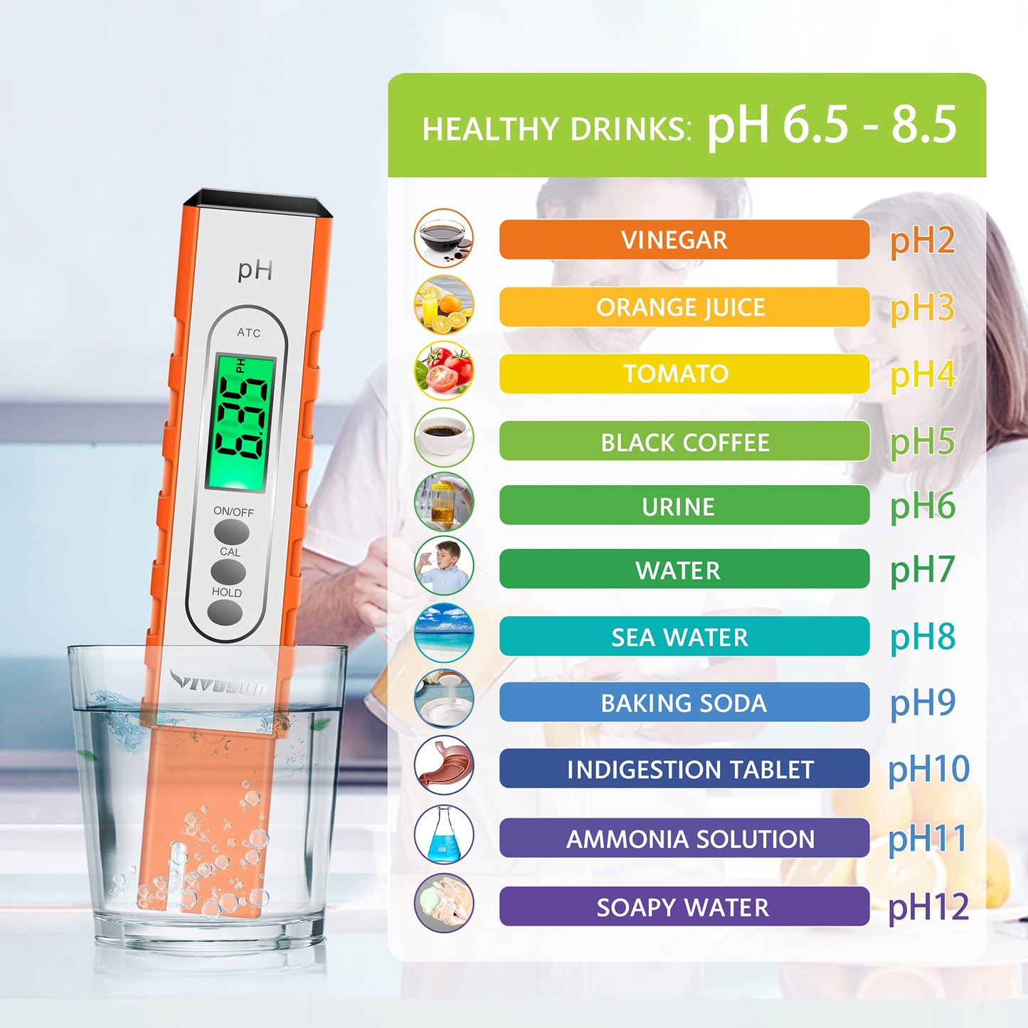 VIVOSUN PH Meter Digital PH Tester Pen 0.01 High Accuracy Water Quality Tester with 0-14 PH Measurement Range for Household Drinking, Pool and Aquarium, with ATC, Army Green