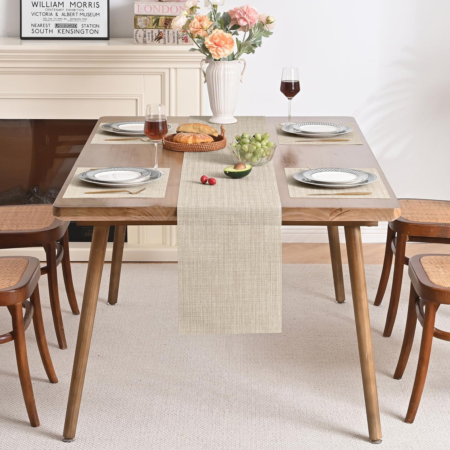 Leetaltree Beige Table Runner and Placemats Set of 5, Heat Resistant Non-Slip Place mats for Dining Table, Washable Durable PVC Vinyl Woven Table Runner Set