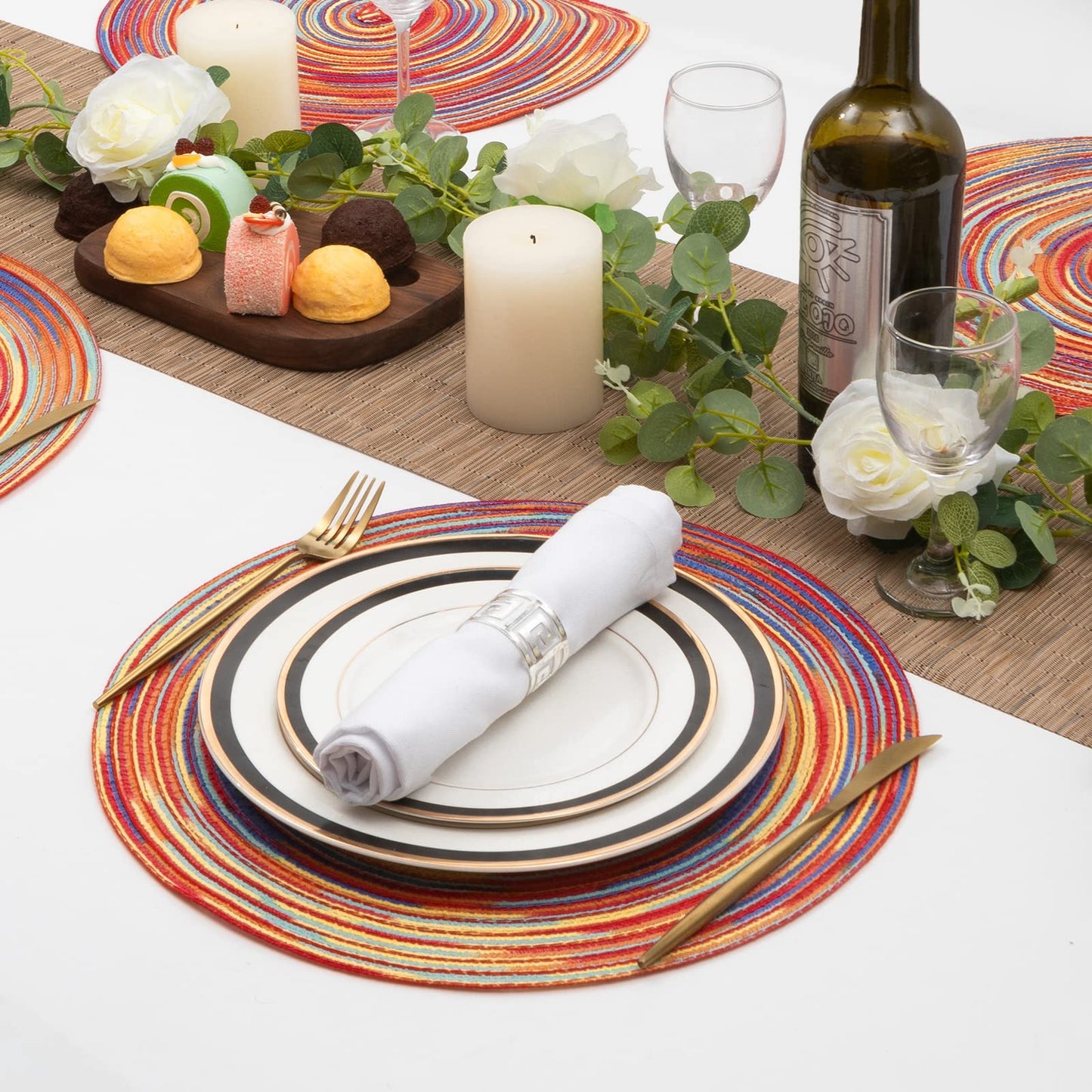 SHACOS Round Braided Placemats Set of 8 Washable 15 inch Round Table Mats Colorful Variegated Woven Place Mats for Dining Table (Rainbow Red, 8)