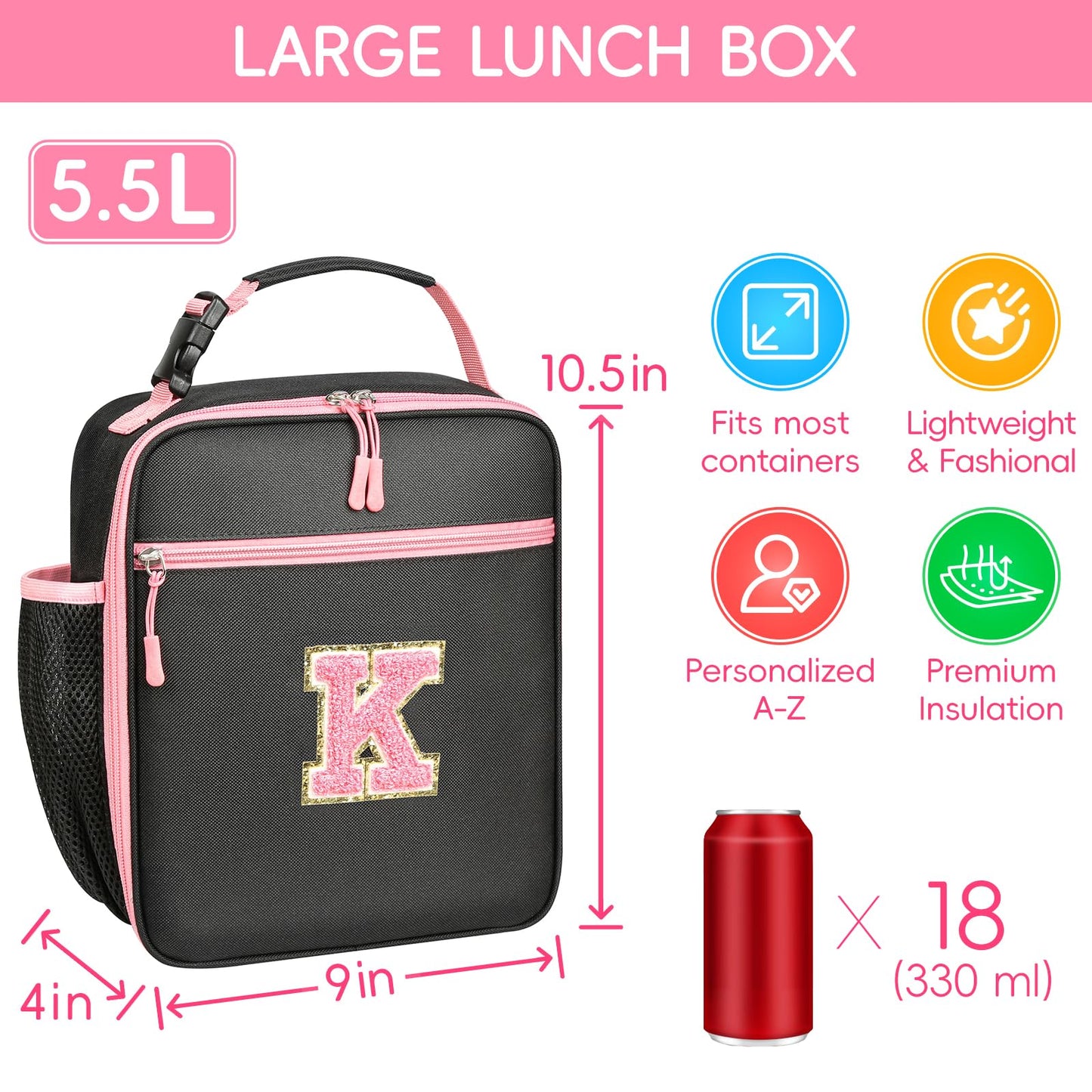 WOBAGMEN Initial Lunch Box for Women Girls,Insulated Lunch Bag with Monogram Letter,Cute Personalized Thermal Lunch Box for Teens Kids Adult for Work Camping Back to School Gift (pink, K)