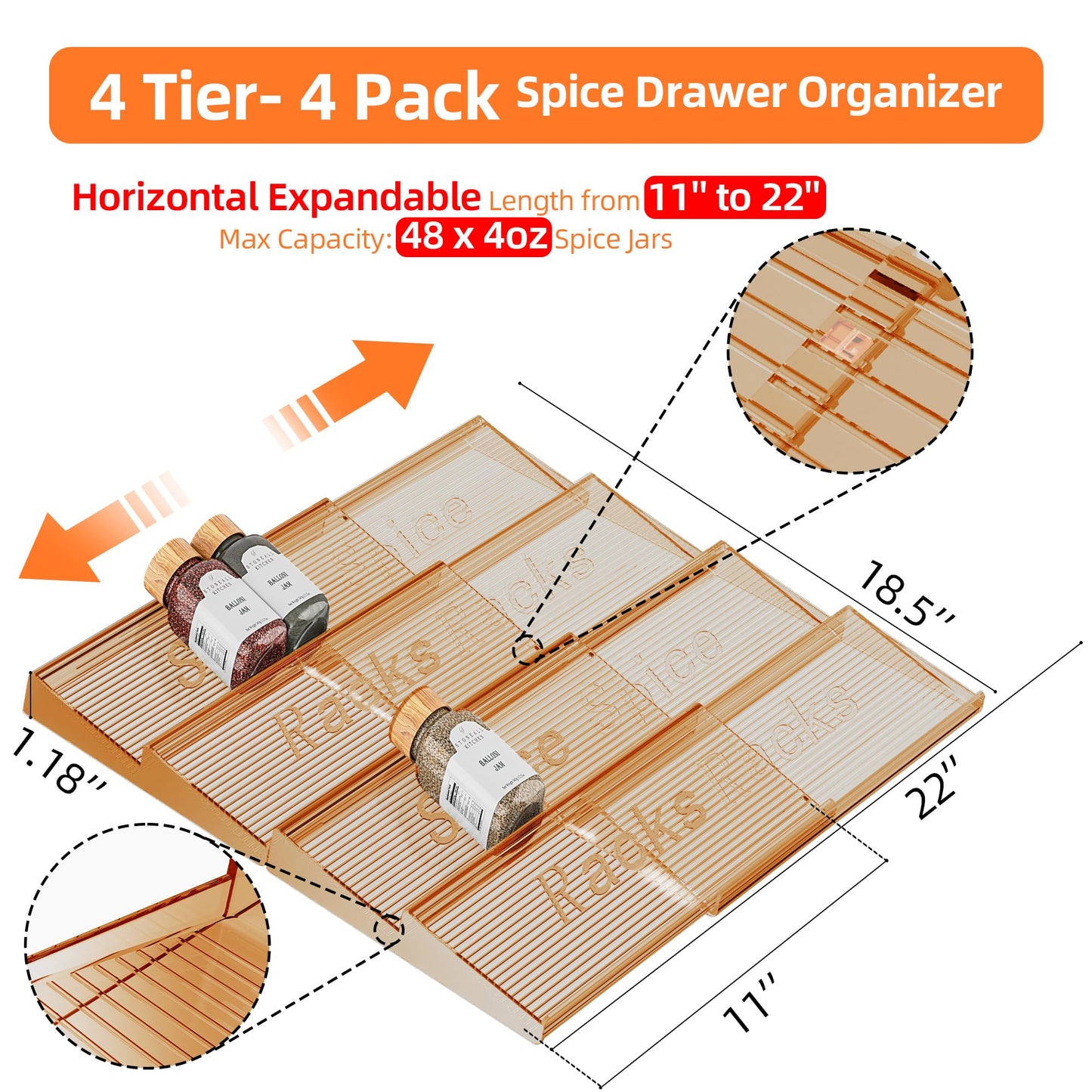 PanPanPal Spice Drawer Organizer, 4 Tier- 4 Pack Amber Acrylic Drawer Seasoning Organizer, Expandable From 11'' to 22'' Kitchen Spice Rack Organizers and Storage for Drawer (Jars not included)
