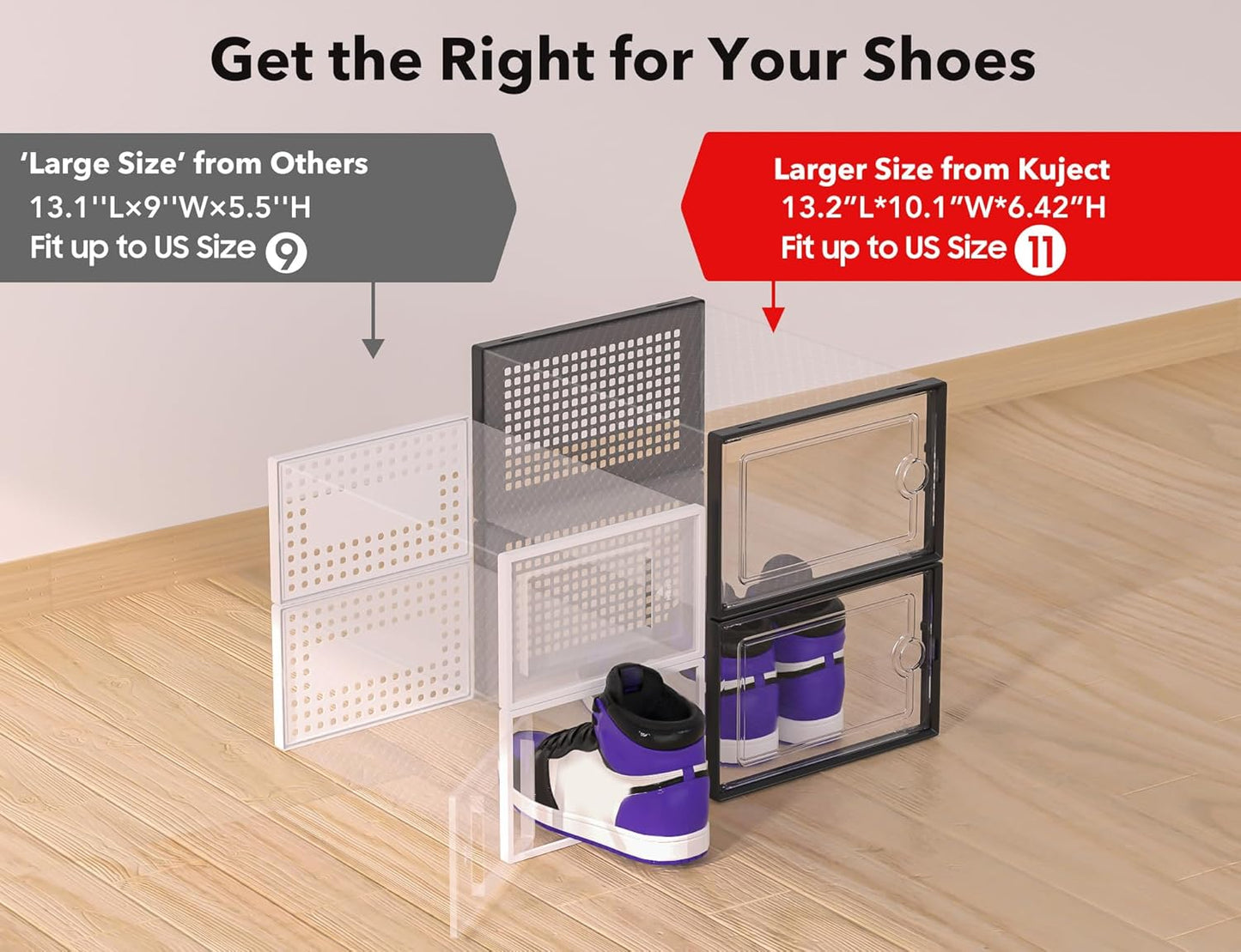 Kuject X-Large Shoe Storage Boxes - Clear Plastic Stackable 12-Pack for Sneakers & Toy Organization | Black
