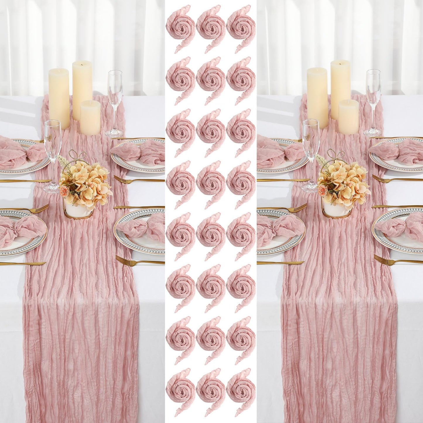 Windkream 2 Cheesecloth Table Runners and 24 Napkins Set, 10Ft Boho Cheese Cloth Table Runners 20 x 20 Inch Rustic Wrinkled Gauze Napkins for Wedding Birthday Baby Shower Party Decor (Dusty Pink)