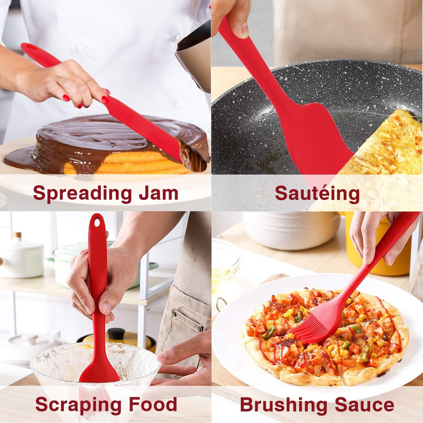 Silicone Spatula Set of 7, P&P CHEF Heat-Resistant Rubber Spatulas Kitchen Utensils Set for Non-stick Cooking Baking Mixing, Seamless & Flexible Design, Dishwasher Safe, Red