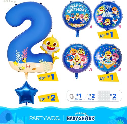 **PartyWoo Baby Shark Number 2 Balloon Set - 5pcs 18-Inch Blue Mylar Helium Balloons for Kids' Birthday**