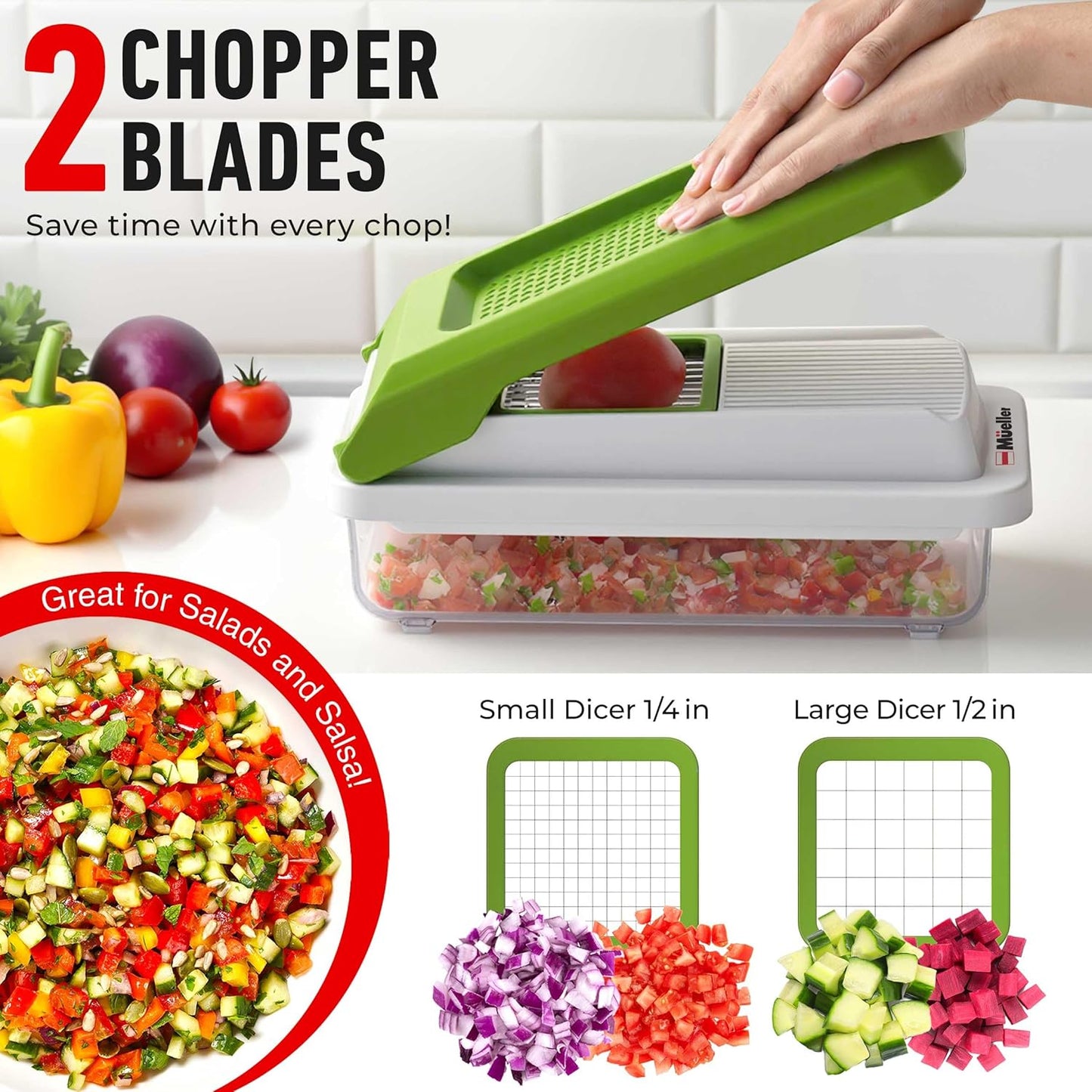 Mueller Vegetable Chopper - Versatile Mandoline Slicer & Dicer with Container | White Sand/Green