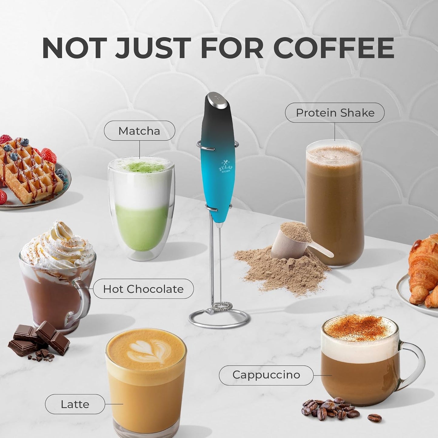 Zulay Kitchen Milk Frother Wand - Ultra-Fast Handheld Electric Whisk for Coffee, Lattes & More - Marine Color