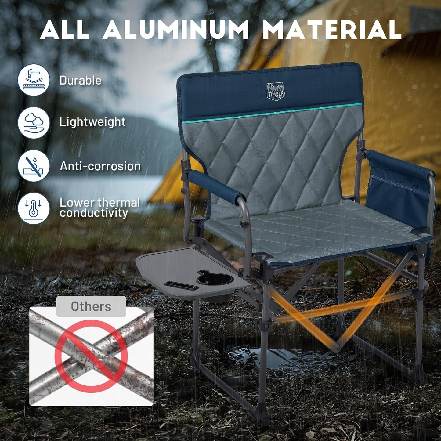 Timber Ridge Camping Chair - Portable Aluminum Directors Chair with Side Table & Pocket | Heavy Duty 400lbs, Blue