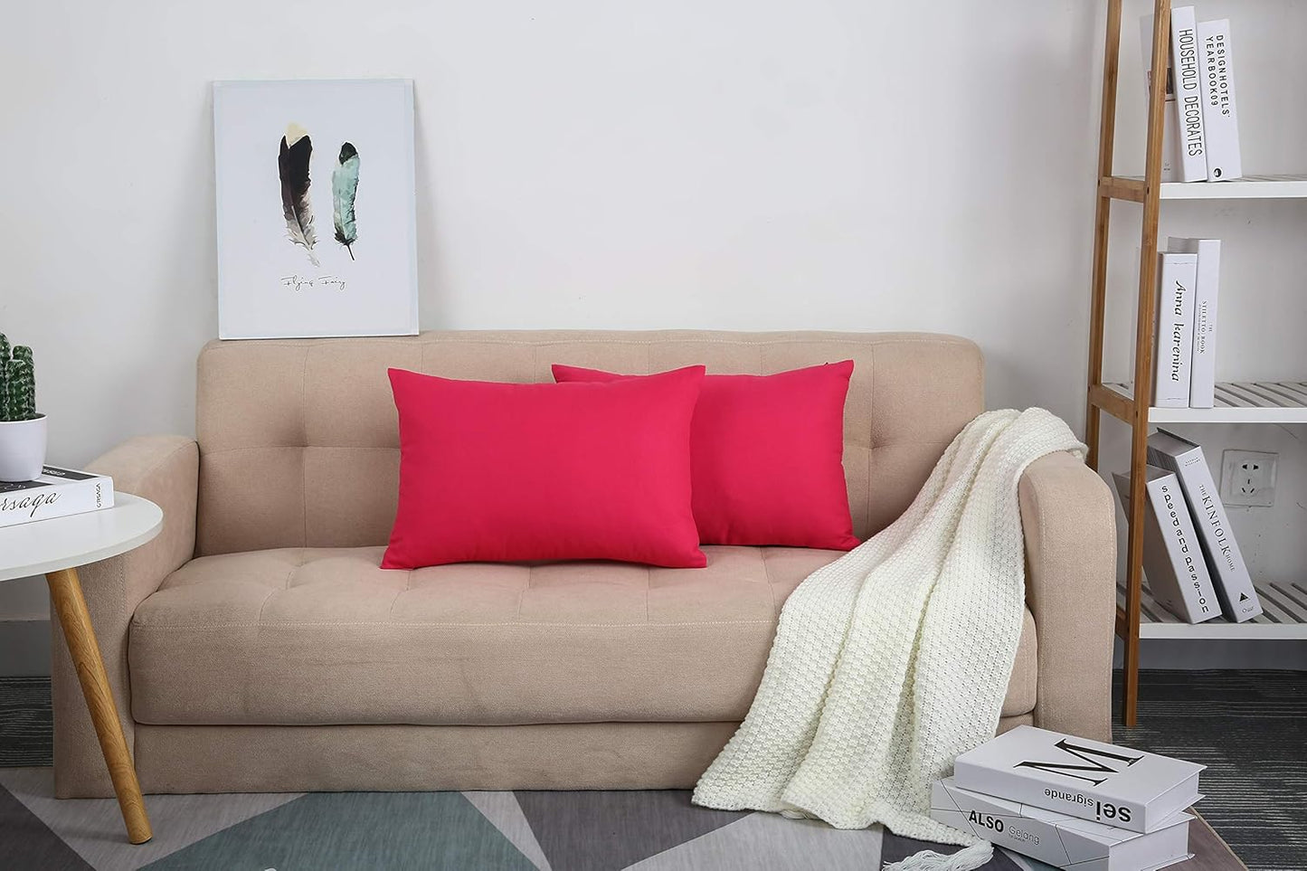 Watermelon Red 100% Cotton Canvas Throw Pillow Covers - Handmade Decorative 12"x20" Shams