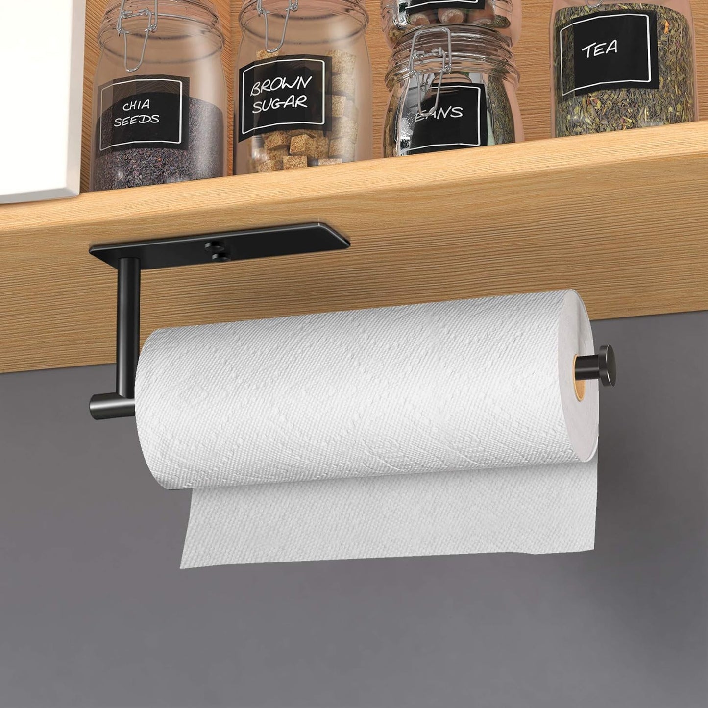 VAEHOLD Paper Towel Holder - Self-Adhesive Under Cabinet Mount | Durable SUS304 Stainless Steel - Black Finish