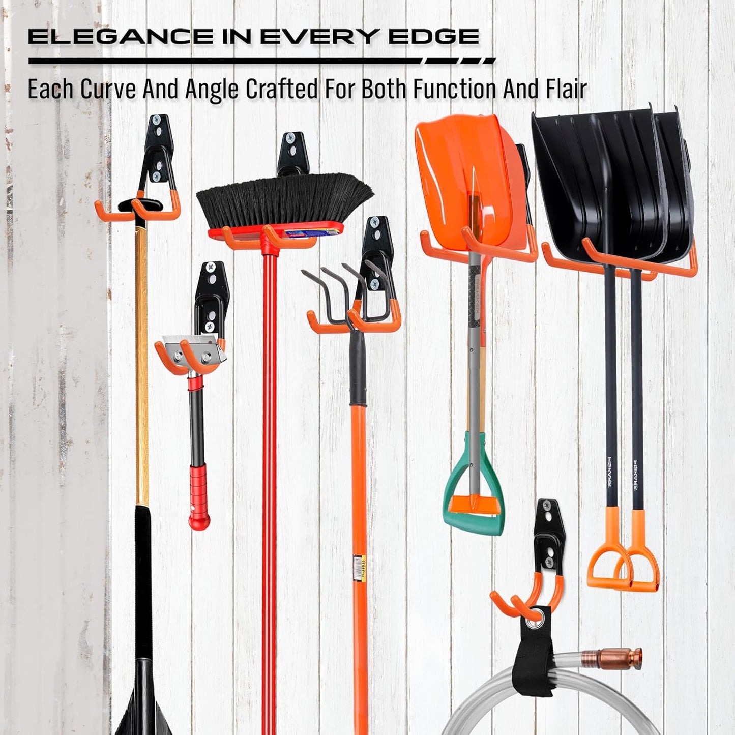 Skiennix Garage Tool Storage Wall Hook Set - 15PCS Heavy Duty Organizer for Garden Tools & Bikes - Orange