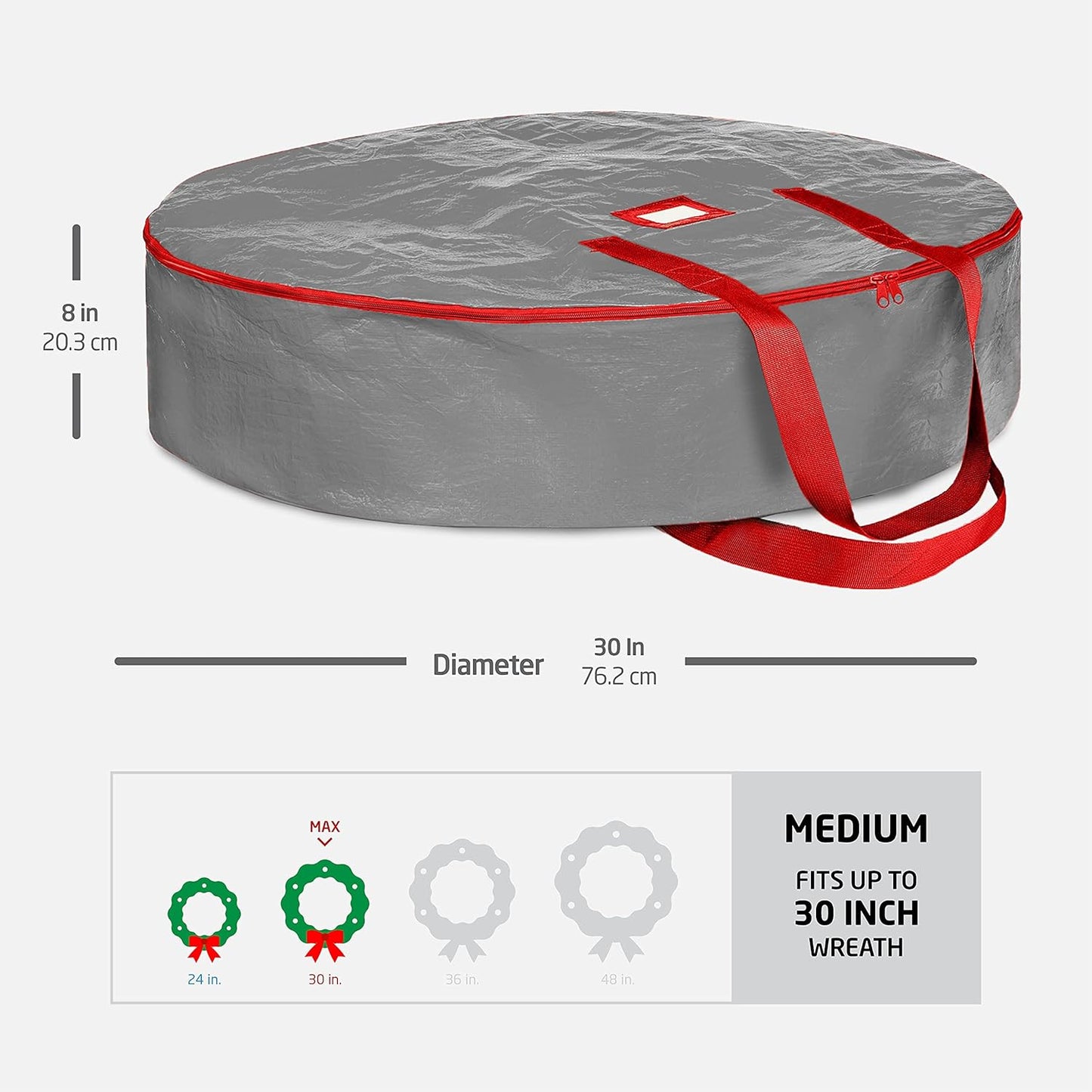 ZOBER Wreath Storage Bag - 30 Inch Durable Container for Artificial Wreaths - Gray with Dual Zippers