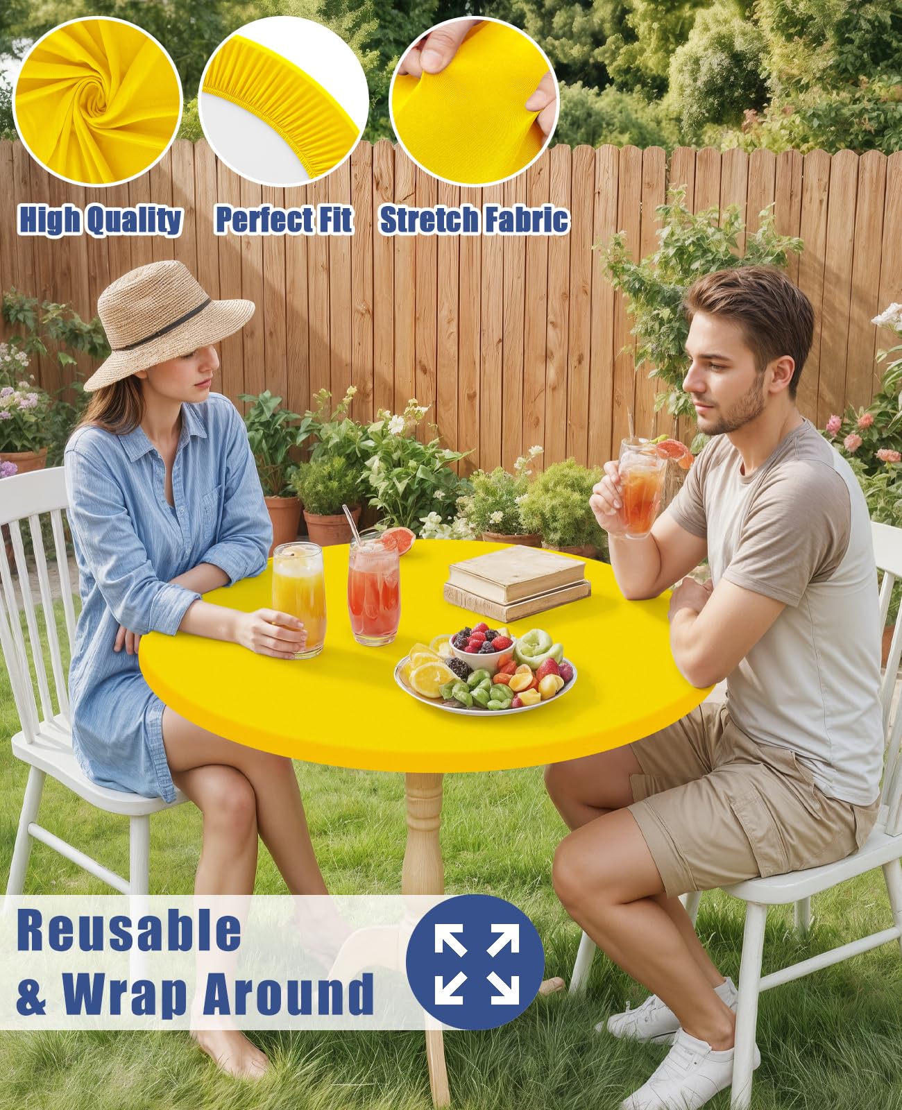 Moosfor Round Spandex Tablecloth, Elastic Fitted Waterproof Tablecloths for 18"-24" Tables, Stretch Washable Picnic Table Cover for Camping, Dining, Indoor and Outdoor, Yellow
