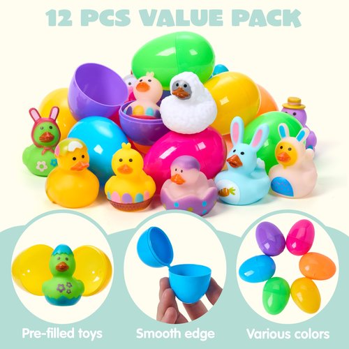 JOYIN 12 Pcs Prefilled Easter Eggs with Rubber Ducks Bath Toys, Basket Stuffers for Toddlers & Babies, Kids Party Favors, Easter Egg Hunt, Classroom Prizes for Kids