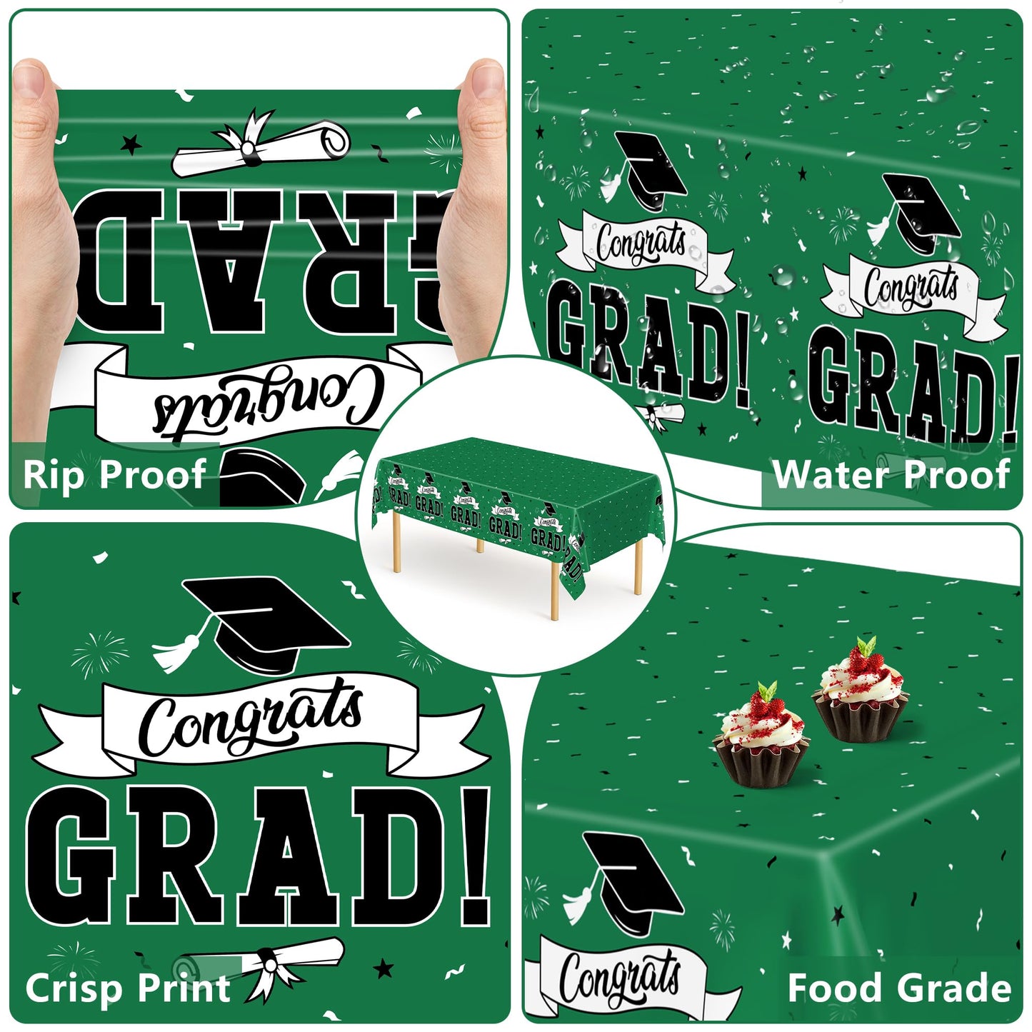 QZYL 2 PCS Graduation Tablecloth, 108" X 54" Green Graduation Table Decorations 2026, Rectangle Table Cloths for Class 2026 Congrats Grad, Disposable Plastic Tablecover for Grad Decor Party Supplies