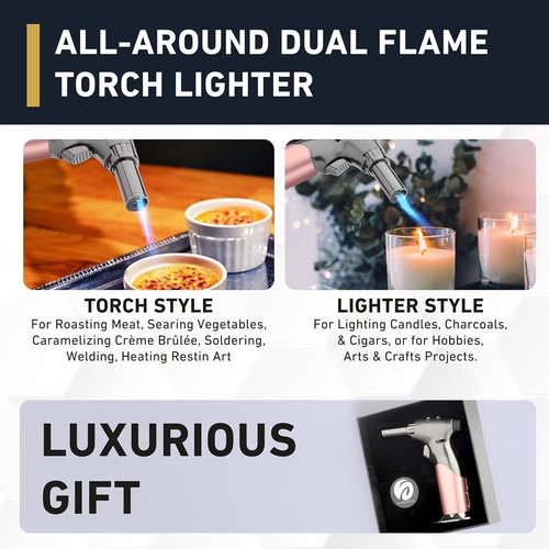 inZaynity Dual Flame Butane Torch Gun - Refillable Mini Blow Torch for Cooking & Crafts - Adjustable Flame, Steel Blush