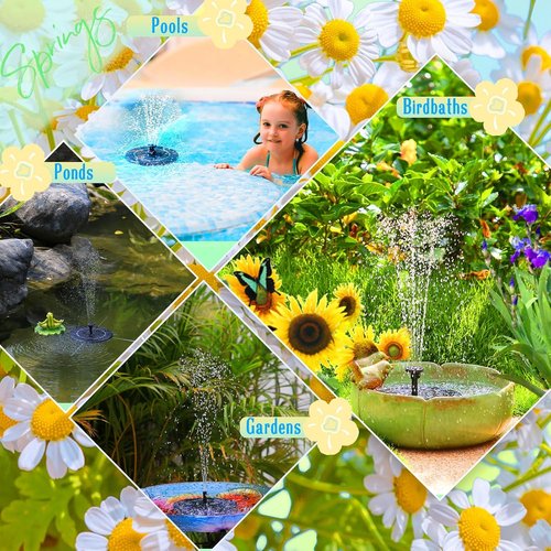 AMZtime Solar Water Fountain - Upgraded Floating Bird Bath Fountain with 6 Nozzles | Outdoor Garden & Pond Decor