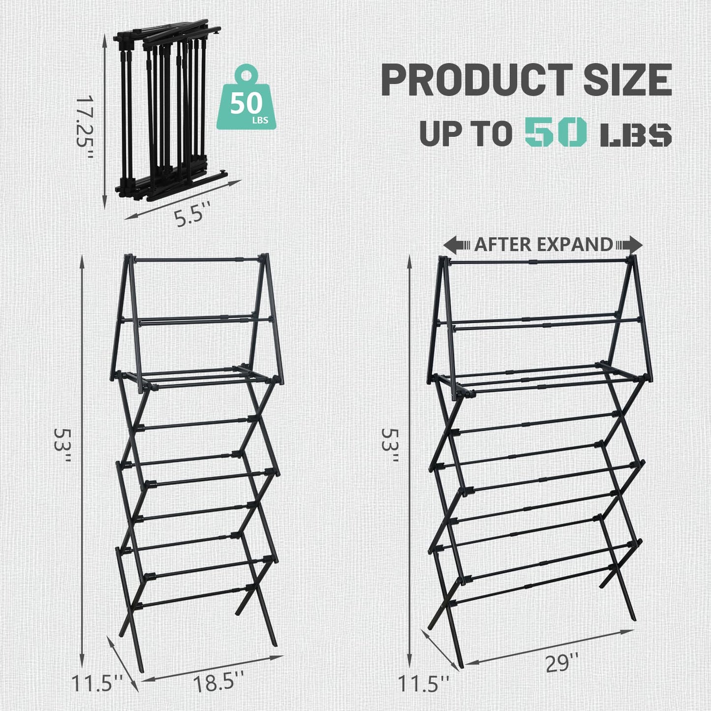 ZOES HOMEWARE 4 Tier Clothes Drying Rack Foldable | Foldable Clothing Drying Rack | Laundry Drying Rack Collapsible for Laundry Room, Dorm, Expandable Sturdy Metal Design | Black 29"L x 11.5"W x 53"H