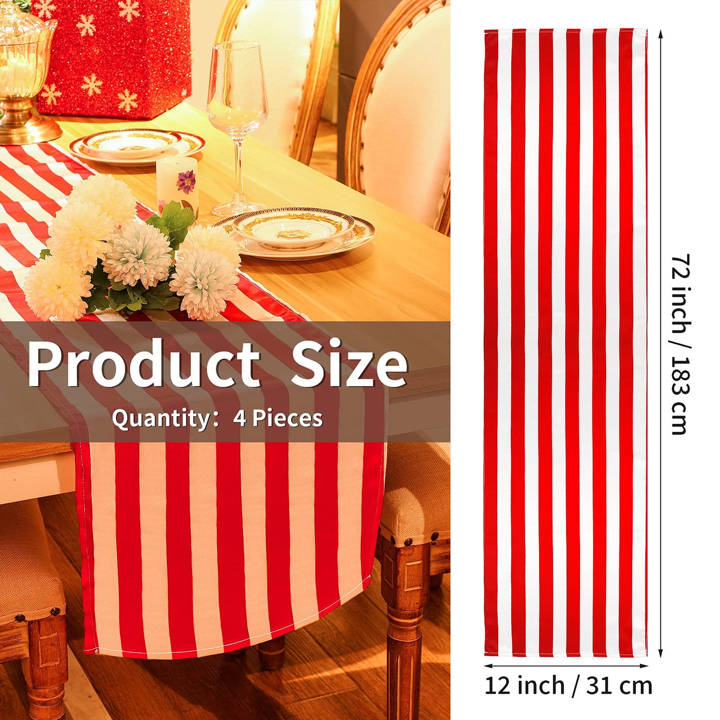 4 Pieces Striped Tablecloth Red and White Striped Table Runner Tablecloth Polyester Spring Elegant Classic Table Decor for Daily Events Family Banquet Parties Celebrations Outdoor(12 x 72 Inch)