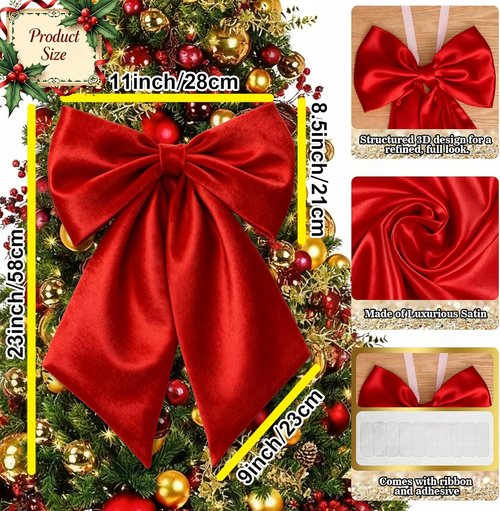 Big Red Bows | Christmas Tree Topper - 23x11 In Ruby Red Satin Bow for Holiday Decor