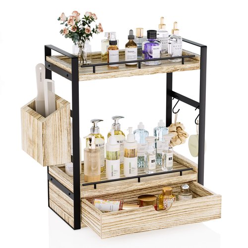 CeleVista 2-Tier Wood Bathroom Counter Organizer, Countertop Organizer with Drawer and Storage Basket, Bathroom Sink Organizer for Vanity, Skincare, Makeup, and Daily Essentials (Light Brown)