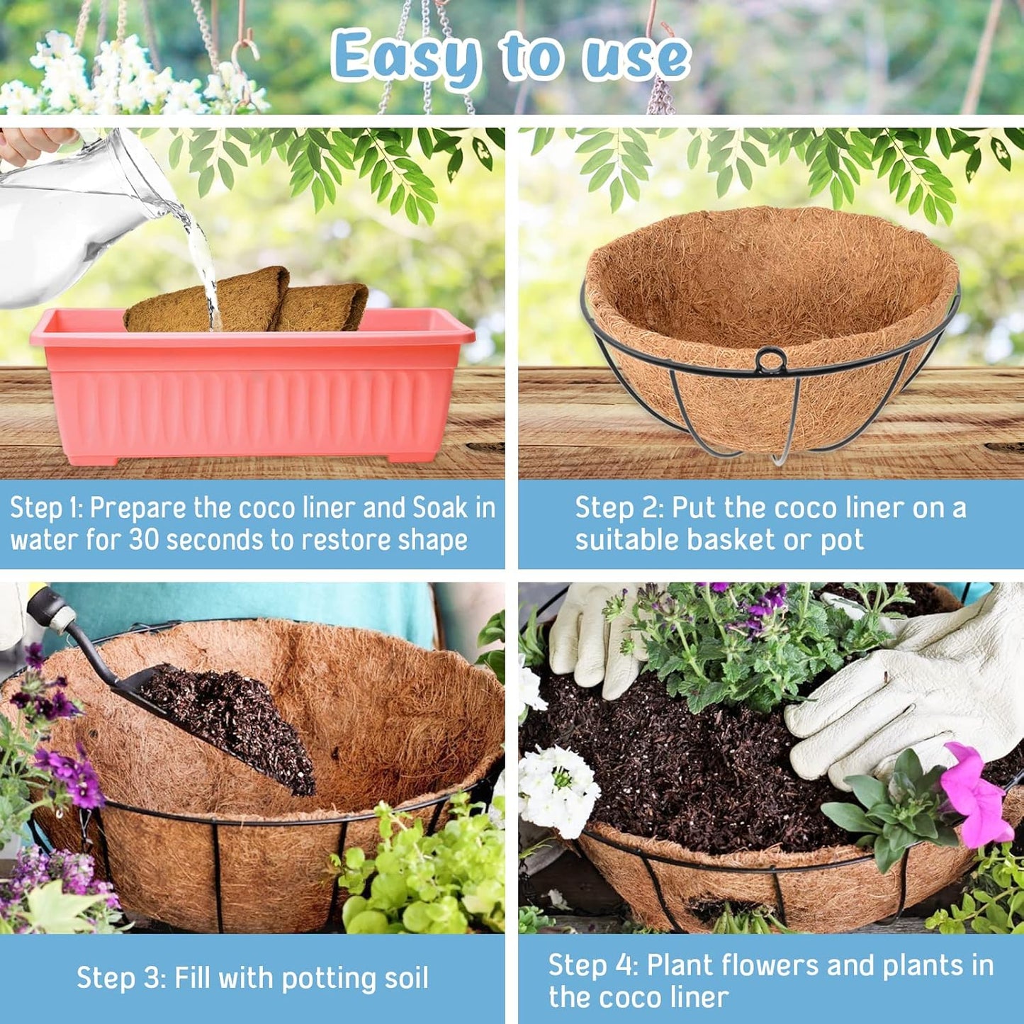 Legigo 3 Pack Coco Fiber Hanging Basket Liners - 100% Natural 8 Inch Round Planter Inserts for Flowers & Vegetables