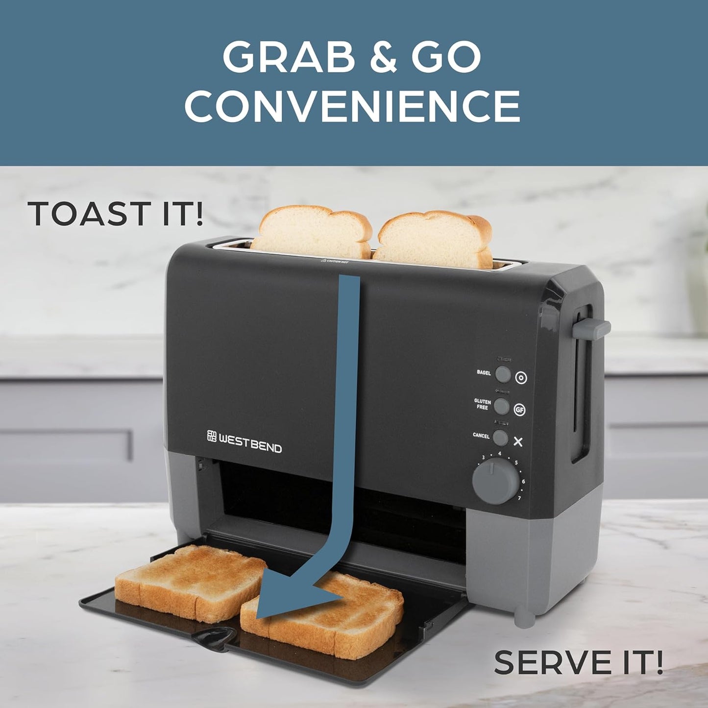 West Bend QuikServe Toaster - 2-Slice Wide-Slot Design with Bagel & Gluten-Free Settings | Black, 1400-Watts