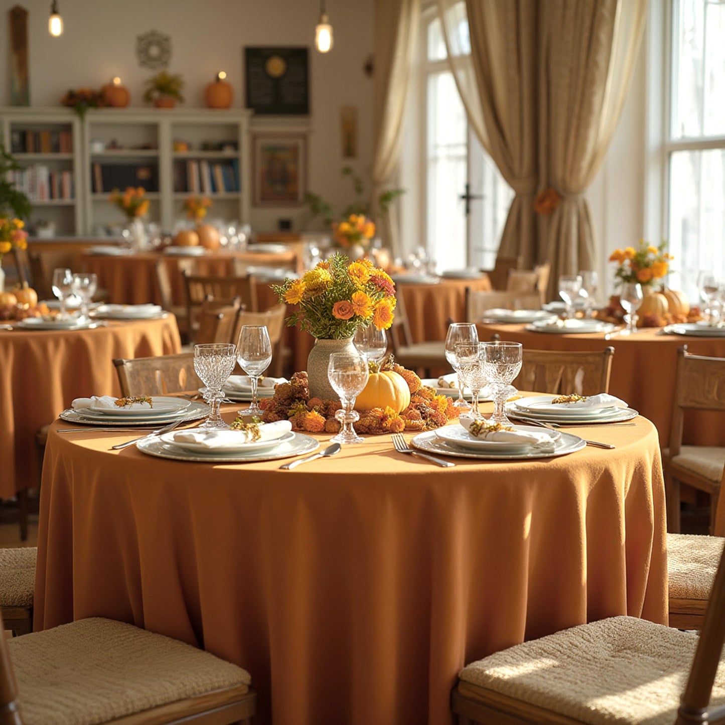 sancua Thanksgiving Round Tablecloth 132 Inch Diameter, 6 Pack Bronze, Circle Polyester Fabric Light Brown Fall Table Cloth Cover for Harvest Wedding Party Reception Banquet (Fit 54-96 Inch Tables)
