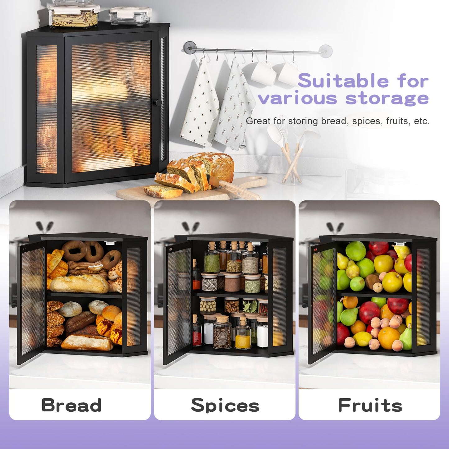 Wieghda Corner Bread box for Kitchen Countertop,Farmhouse Bread Box with Acrylic Wavy Door Panel,Large Bread box for kitchen countertop, Food Storage Container (Black, Extra Large)