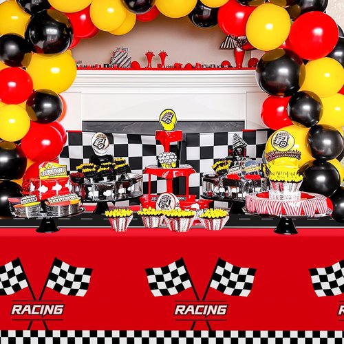 Childom 3Pcs Racing Car Plastic Tablecloth, Race Birthday Party Decorations, 54'' x 108'' Checkered Table Cloth Decor, Favors Rectangular Tablecloth for Boys Baby Shower Home