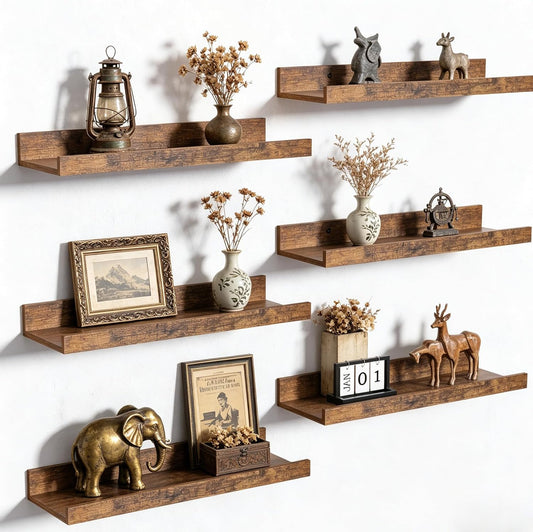 Upsimples Floating Wall Shelves - Set of 6 Decorative Wood Shelves for Bedroom, Living Room, Kitchen | Brown