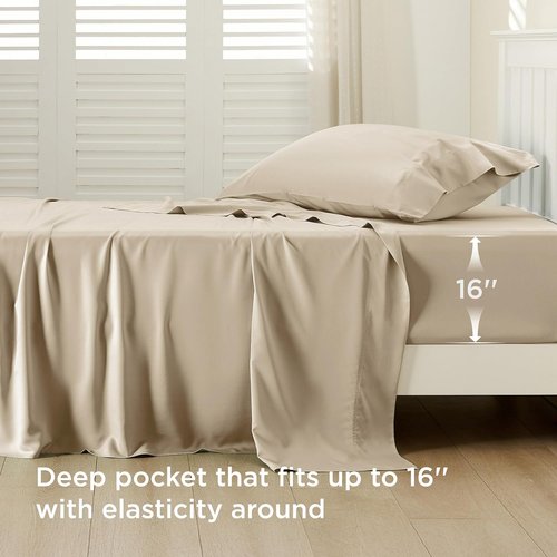 Bedsure Cooling Twin XL Sheets - Breathable Rayon from Bamboo, Soft & Luxurious, Deep Pocket Up to 16 Inches, Beige