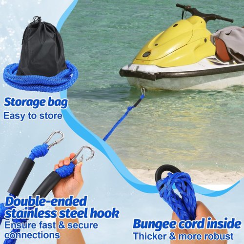 7-14FT Bungee Anchor Line - Elastic Dock Line with Shock Absorption & Stainless Steel Hook | Fits Seadoo, Kawasaki, Yamaha PWC